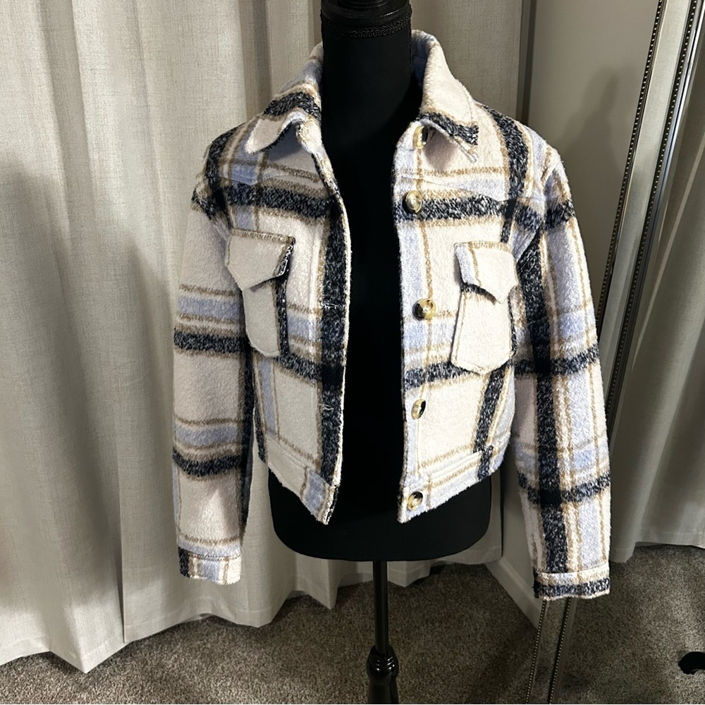 Altar'd State Blue and Cream Plaid Teddy Jacket